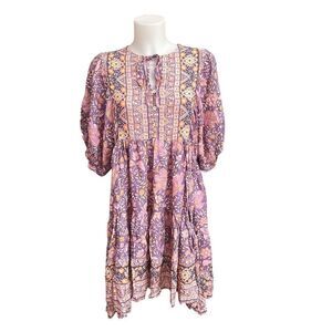 Iris Maxi Boho Floral Knee Length Flouncy Shift‎ Dress Puff Sleeve Size 16 NEW